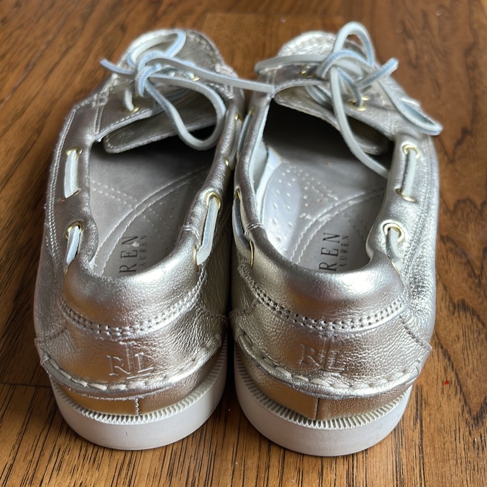 Vintage Lauren Ralph Lauren Yarina Metallic Leather Boat Shoe Gold Women sz 7 B - Picture 4 of 7
